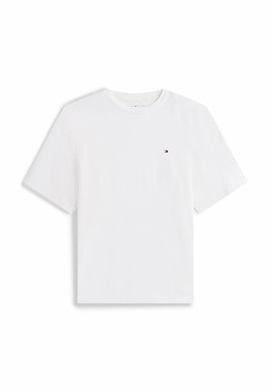 Schlichtes weißes kurzärmliges Baumwoll-T-Shirt mit Rundhalsausschnitt und kleinem Tommy Hilfiger Logo auf der linken Brust.