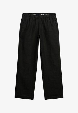 Pantalons en lin noirs avec une taille élastique et des poches latérales. Le tissu a une texture douce et une coupe décontractée avec des jambes larges.