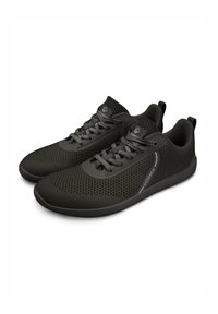 Black mesh sneakers with a smooth, flexible sole, featuring gray laces and branding on the side and tongue. Perforated upper for breathability.