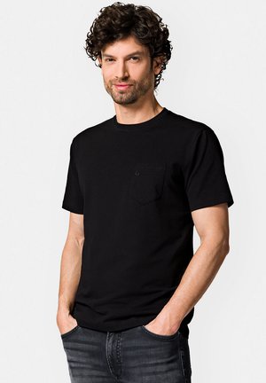 Czarny krótki rękaw T-shirt wykonany z bawełny, z kieszonką na piersi z haftowanym detalem, o standardowym kroju i okrągłym dekolcie.