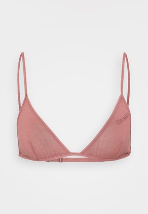 Soft pink ribbed triangle bra with adjustable thin straps and front clasp closure, lightweight and minimal design.