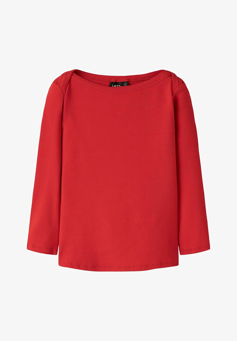 Maglia rossa a maniche lunghe in maglia costina, con scollo ampio e rotondo a girocollo e silhouette aderente.