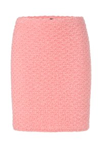 Rosa strukturierter Minirock mit einem gewebten Muster und einer leicht flauschigen Oberfläche. Der Saum ist gerade und hat keine sichtbaren Verschlüsse.