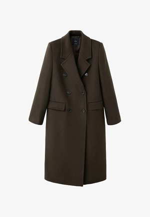 Dwurzędowy płaszcz z mieszanki wełny w ciemnobrązowym kolorze. Posiada kołnierz z wycięciem, dwie przednie kieszenie oraz sześć czarnych guzików. Długie rękawy, długość do połowy uda.
