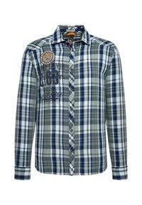 Langsleeve button-up shirt met blauw, wit en groen geruit patroon, met drukinkt tekst en patches op de linkerborst.