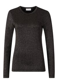 Svart långärmad tröja i texturerad stickad tyg, med klassisk rund hals och kroppsnära passform, med en subtil glans.