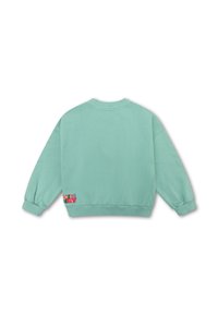 Mintgroene sweatshirt met een geribbelde ronde hals, verlaagde schouders en elastische manchetten. Kenmerkt zich door een kleurrijke patch aan de zoom.