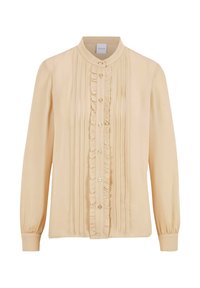Beige Bluse mit Stehkragen, Rüschendetail auf der Vorderseite und Knopfverschluss. Lange Ärmel mit gerafften Manschetten. Glattes, leichtes Material.