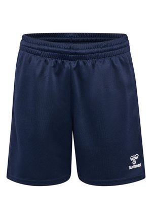 Pantalones cortos deportivos de color azul marino, hechos de una tela suave, con una cinturilla elástica y un pequeño logo blanco en el lado inferior derecho.