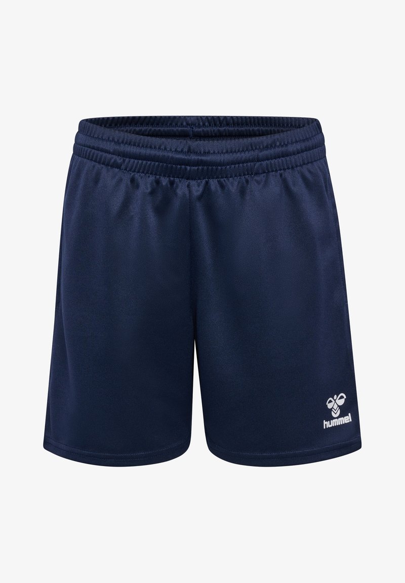 Pantalones cortos deportivos de color azul marino, hechos de una tela suave, con una cinturilla elástica y un pequeño logo blanco en el lado inferior derecho.