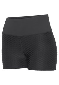 Schwarze, hoch geschnittene Shorts mit strukturiertem Wabenmuster und glattem Bund, gefertigt aus dehnbarem, atmungsaktivem Material.