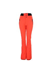 Feloranje skibroek gemaakt van duurzaam materiaal, met een hoge taille en een zwarte tailleband, drie knopen en zijritszakken.