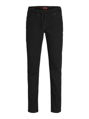 Zwarte slim-fit jeans met elastische tailleband en trekkoord, voorzien van voor- en achterzakken.