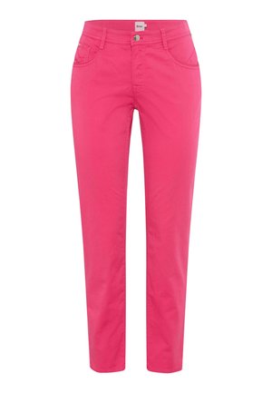 Bright pink women's slim-fit pants with front button, zipper, belt loops, and front and back pockets.