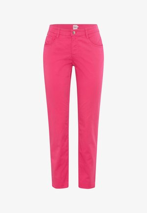 Felroze damesbroek in slim-fit met knoop aan de voorkant, ritssluiting, riemlussen en voor- en achterzakken.