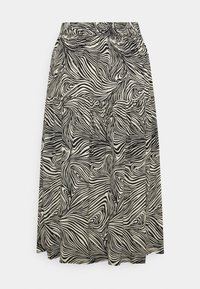 Černobílá maxi sukně s vlnitým, abstraktním vzorem, elastickým pasem a splývavou látkou s záhyby po celé ploše.