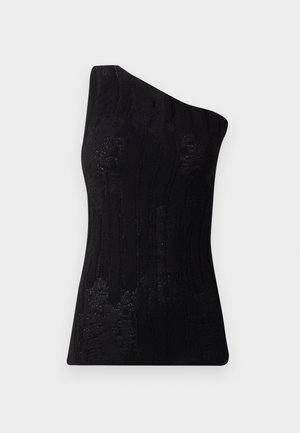 Svart ensidig topp laget av teksturert stoff, med ribbestruktur og figursydd design. Glatt overflate uten synlig maskinvare.