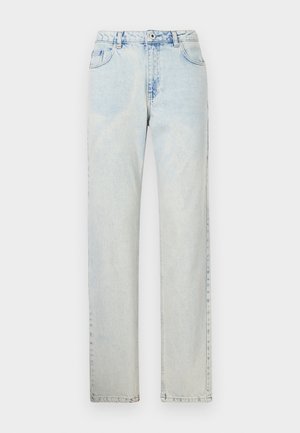 Jeans in denim di un azzurro chiaro, a vita alta, con gamba dritta, una leggera scoloritura e il classico design a cinque tasche, dotati di chiusura con bottone anteriore.
