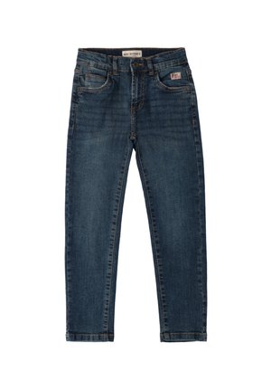 Jeans in denim blu con taglio dritto, dotati di cinque tasche, passanti per cintura e cuciture tono su tono. Etichetta Roy Roger's sulla vita.