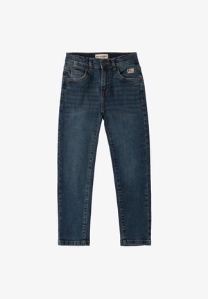 Jeans in denim blu con taglio dritto, dotati di cinque tasche, passanti per cintura e cuciture tono su tono. Etichetta Roy Roger's sulla vita.