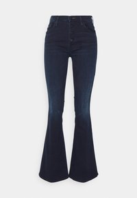 Mörkblå utsvängda jeans med hög midja, femknapps-stängning och framfickor. Tyget har en något strukturerad look med en subtil blekning.