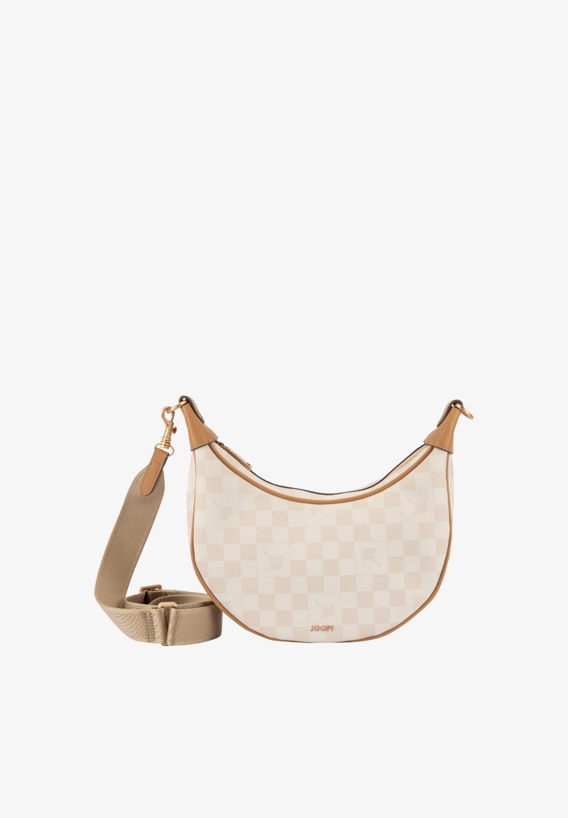 Sac bandoulière beige et marron clair en forme de demi-lune avec un motif à carreaux, une sangle large réglable, et des fermetures à glissière et attaches de couleur dorée.