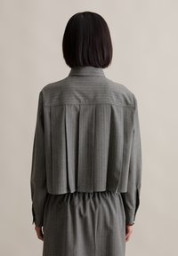 Siva košulja s prugicama i plisiranjem na leđima, ovratnik, i elastična struk. Dugi rukavi s dugmadima na manžetama. Glatka tekstura tkanine.