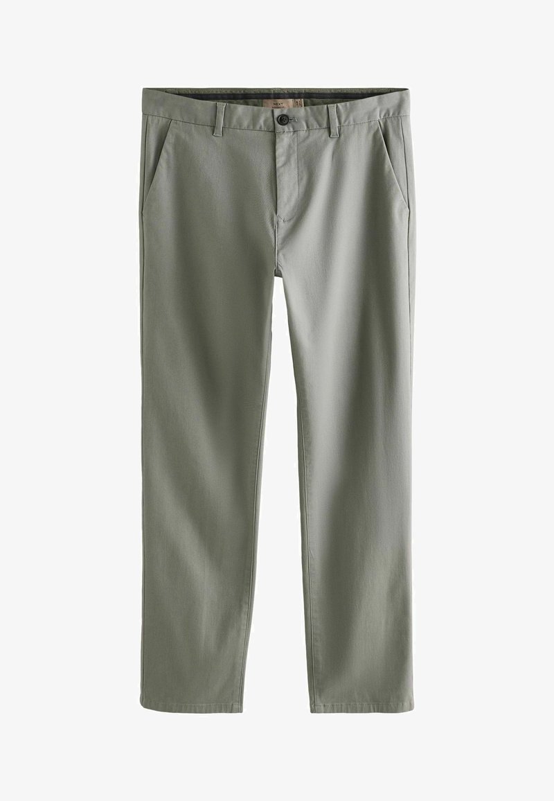 Chinos verde chiaro con una trama liscia, gamba affusolata, tasche frontali e chiusura a bottone. Design semplice con accenti minimi.