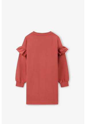 Sweatshirt à manches longues en corail atténué avec des accents froncés sur les manches, encolure arrondie et coupe décontractée. Texture de tissu lisse.