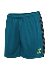 Teal sportshorts i slät tyg med en svart sidrand med geometriskt mönster och en gul logga på den nedre fållen.
