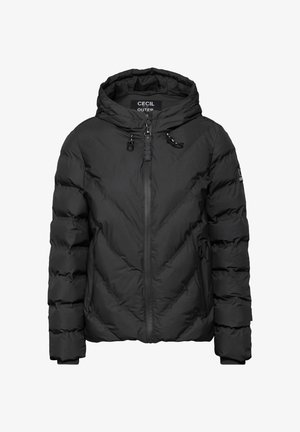 Schwarze Steppjacke mit Kapuze, Reißverschluss vorne, elastischen Bündchen und Taschen. Verfügt über eine gesteppte Textur und verstellbare Kordeln am Hals.