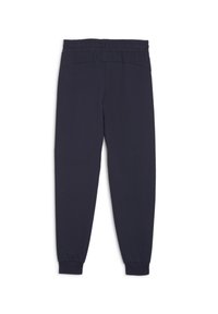 Donkerblauwe joggingbroek van zachte stof met een elastische tailleband. Heeft taps toelopende pijpen en ribgebreide boorden bij de enkels.
