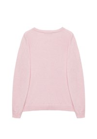 Pull rose clair à manches longues avec col rond, poignets et ourlet côtelés, vu de dos sur un fond blanc.