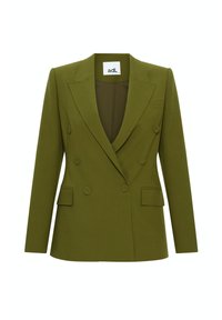 Dubbelt knäppt blazer i olivgröna tyget. Har en sjalkrage, två framfickor och knappramar. Minimalistisk design.