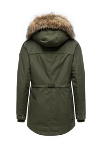 Olivgrön parka-jacka med en huva kantad med päls, knäppte ärmslut och dragsko i midjan. Har en slät, matt yta och minimalistisk design.