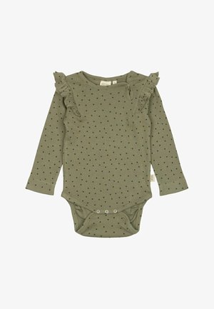 Olīvu zaļa garām piedurknēm maza kombinezona ar mazām tumši zaļām sirsniņām. Iekļautas volāni uz pleciem un snapīši apakšā, lai viegli uzvilktu.