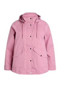 Hellrosa wasserdichte Jacke mit Kapuze, ausgestattet mit Druckknöpfen, zwei Fronttaschen und legerer Passform. Glatte Textur, minimalistisches Design.