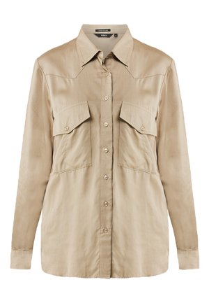 Beige overhemden van soepele stof, met twee borstzakken, lange mouwen, een puntige kraag en een ontspannen pasvorm.