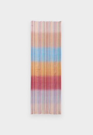 Lang rektangulært tørklæde med lodrette flerfarvede striber og horisontale bånd i fersken, blå, orange, rød og pastelfarver på hvid baggrund.