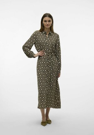 Long, button-up dress features a diamond pattern in black and beige, made of lightweight fabric with a cinched waist and long sleeves.