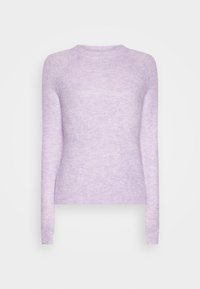 Vaaleanpunertava villapaita pehmeästä kankaasta, jossa pitkät hihat ja pyöreä kaula-aukko sekä hienovarainen tekstuuri kauttaaltaan.