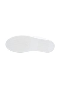 Witte sneakerzool met een glad rubbermateriaal, een gestructureerd grippatroon en afgeronde randen. Bevat een rechthoekig logo dat in het ontwerp is ingebed.