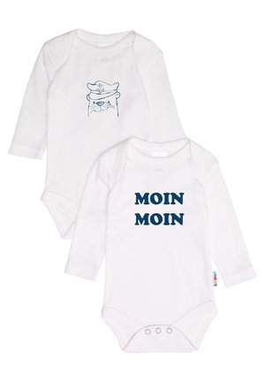 Two white long-sleeve bodysuits: one features a navy line drawing of a bear in a captain's hat, the other has "MOIN MOIN" in bold navy letters.