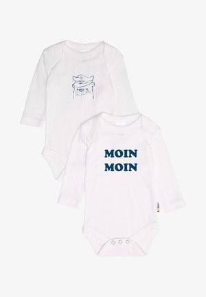 Two white long-sleeve bodysuits: one features a navy line drawing of a bear in a captain's hat, the other has "MOIN MOIN" in bold navy letters.