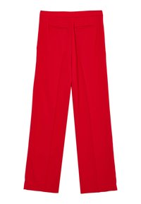 Rote Hose mit weitem Schnitt, glatter Textur und zwei Gesäßtaschen mit minimaler Nahtdetail.