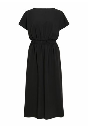 Robe midi noire avec manches courtes, taille élastique cintrée et encolure ronde, présentée sur fond blanc.