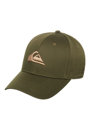 Casquette de baseball vert olive en tissu résistant, ornée d'un logo marron brodé représentant une montagne et une vague à l'avant. Design à six panneaux.