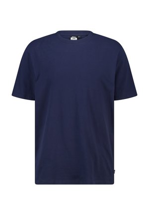 Navyblaues kurzärmliges T-Shirt aus Baumwolle, mit einem runden Halsausschnitt und einer lockeren Passform, minimalistischem Design und ohne sichtbare Muster.