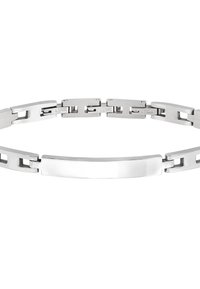 Bracelet en acier inoxydable argenté avec un design en maillons, une plaque centrale lisse et polie, et des accents texturés sur les côtés.