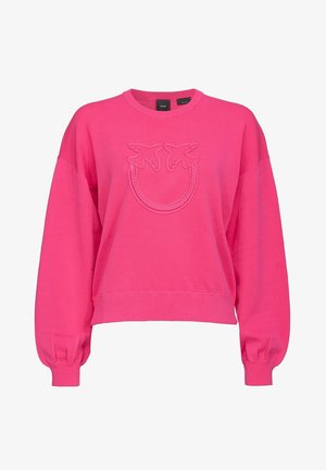 Felroze lange mouwen trui met geribbelde manchetten en zoom, voorzien van een reliëf ontwerp met twee vogels op de borst en een ronde halslijn.